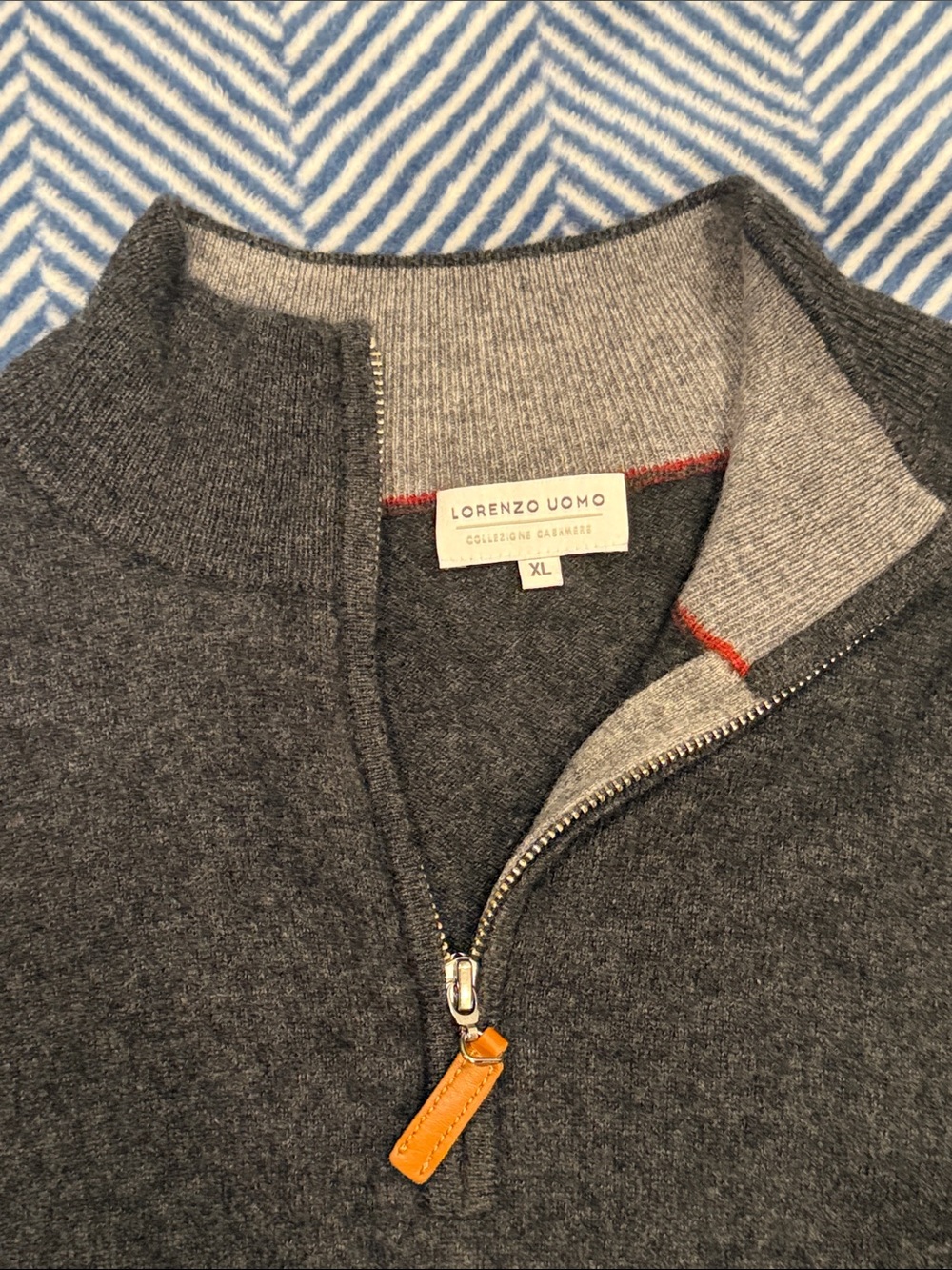Lorenzo Uomo Dark Charcoal Half-Zip Cashmere Sweater with Tan Leather Pull